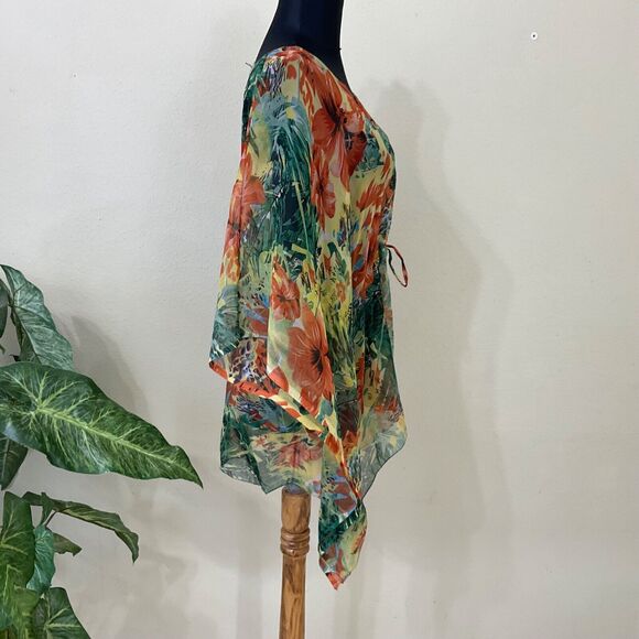 Sunflower simi sheer blouse top cover Women’s OS Chiffon Floral drawstring waist - Picture 2 of 10